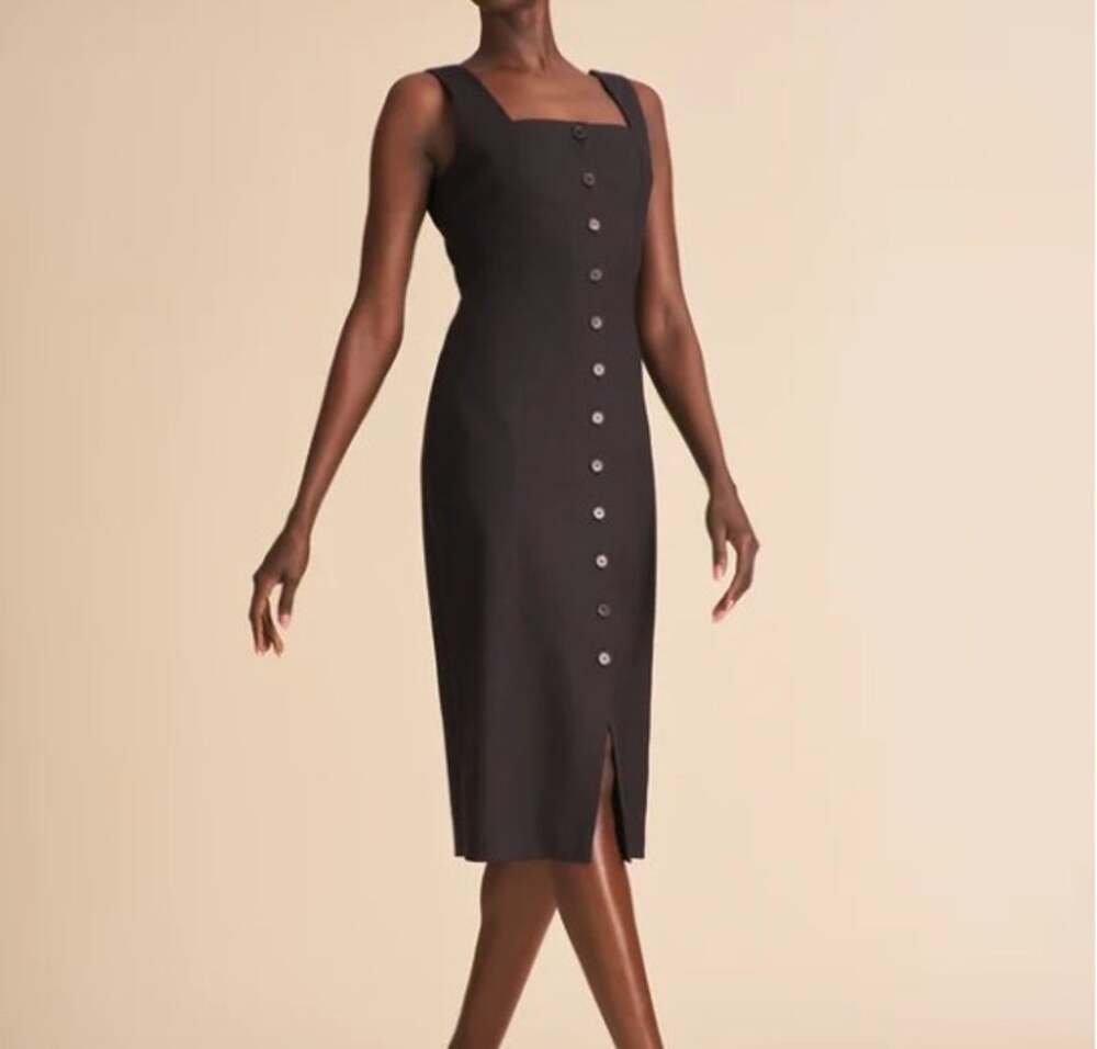 M.M.LaFleur Carla Linen Midi Dress Womens 10 Black Square Neck Button NWT